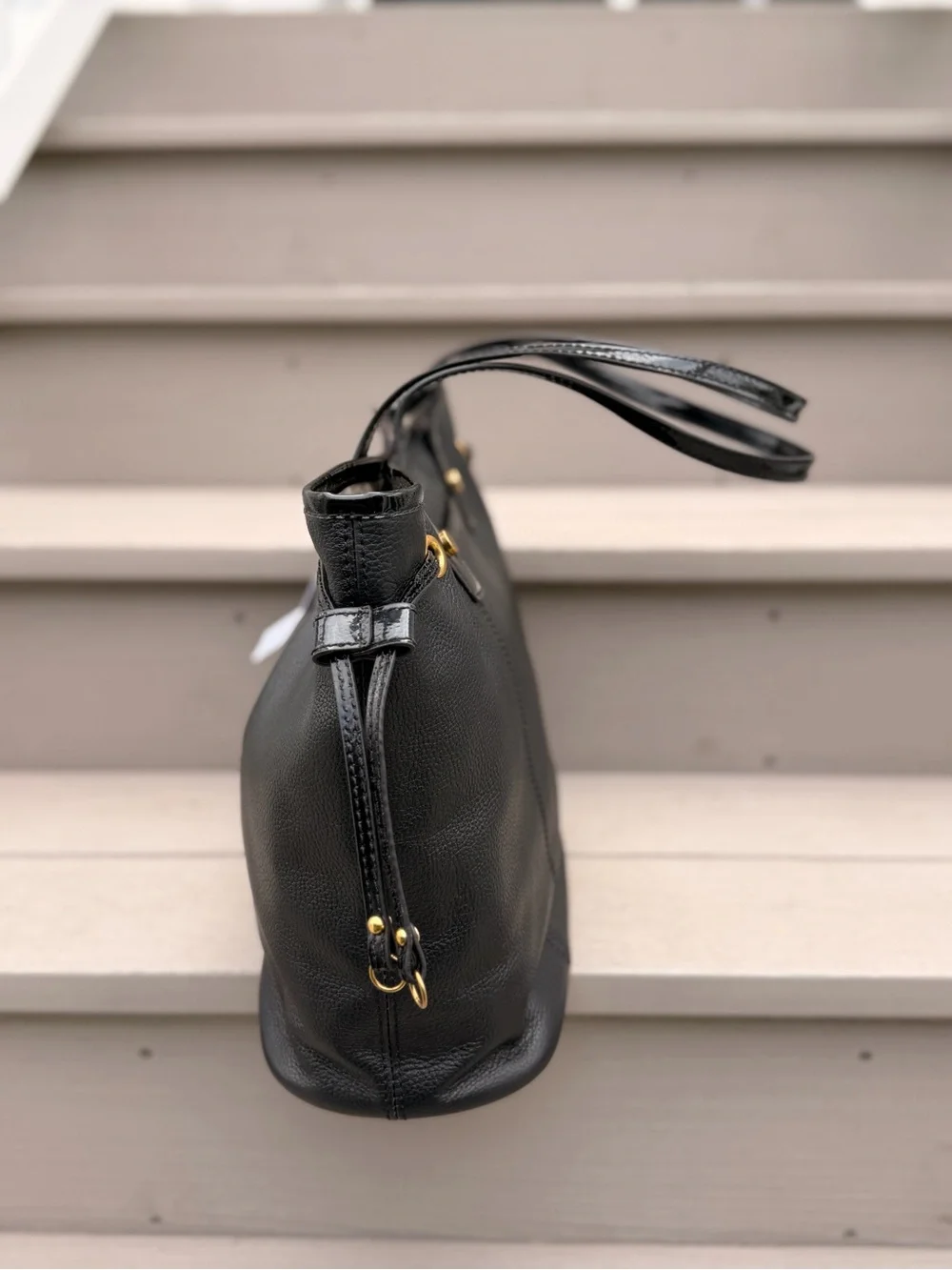NWT American Leather Co Black Pebbled Leather Tote Bag Patent Trim Gold Hardware